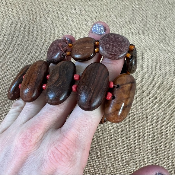 Wood bead stretchy bracelets set of 2 dark statement island tropical - Picture 3 of 4